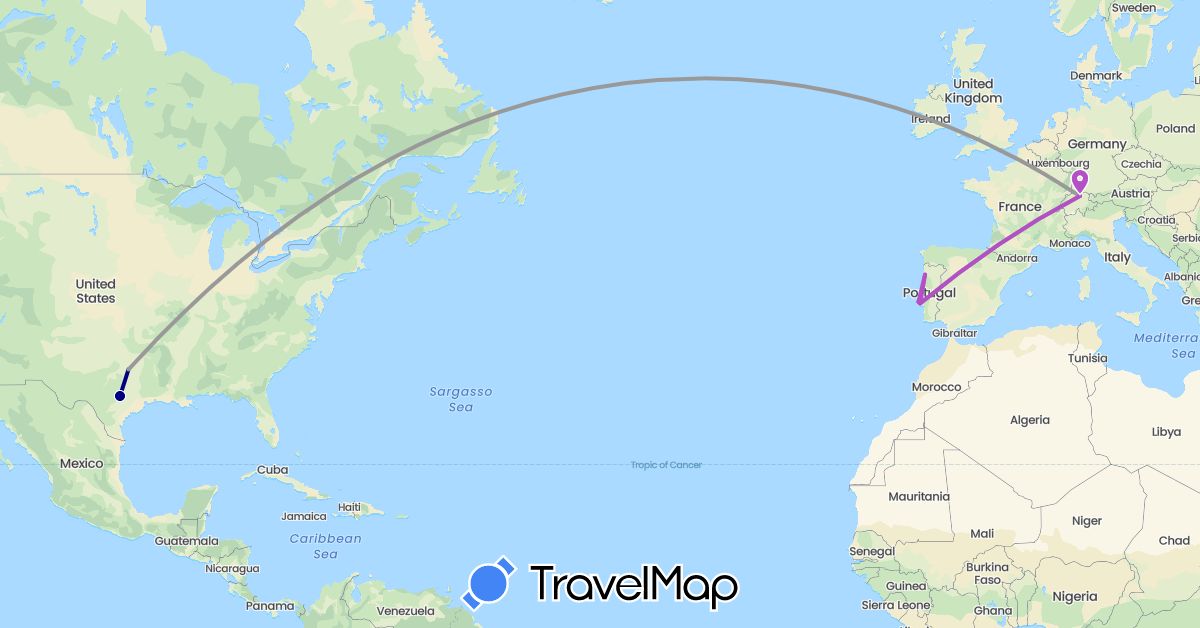 TravelMap itinerary: driving, plane, train in Switzerland, Portugal, United States (Europe, North America)